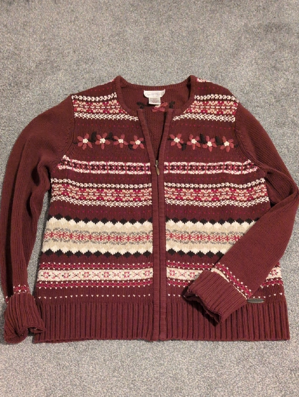 Vintage Zipper Burgandy Floral Sweater Size Small